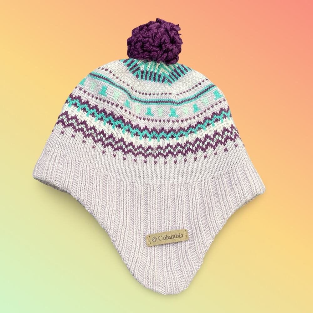 Columbia Omni Heat Earflap Beanie Hat Cream Pink Purple Fair Isle Pom Pom Chullo